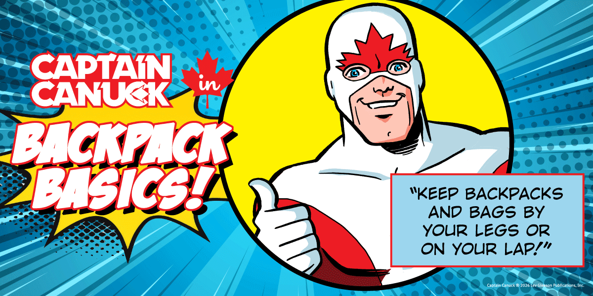 Captain Canuck illustration about backpack usage during transit