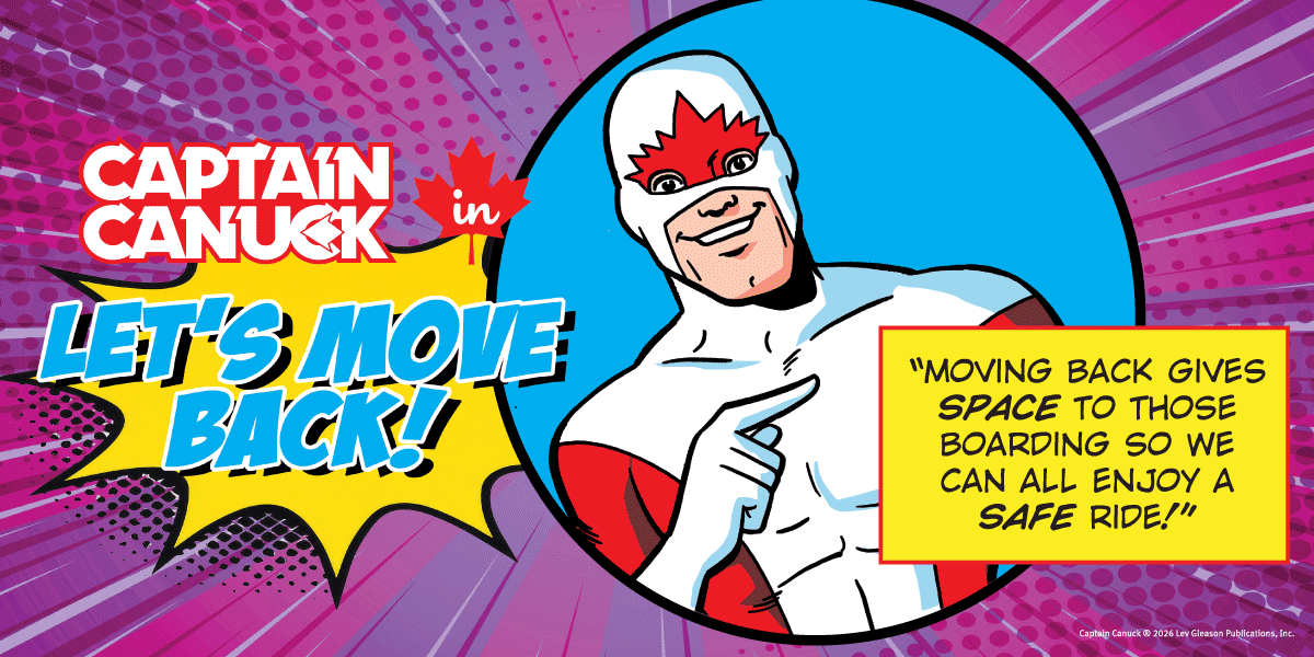 Captain Canuck illustration about moving to the back of transit vehicles to make space for others