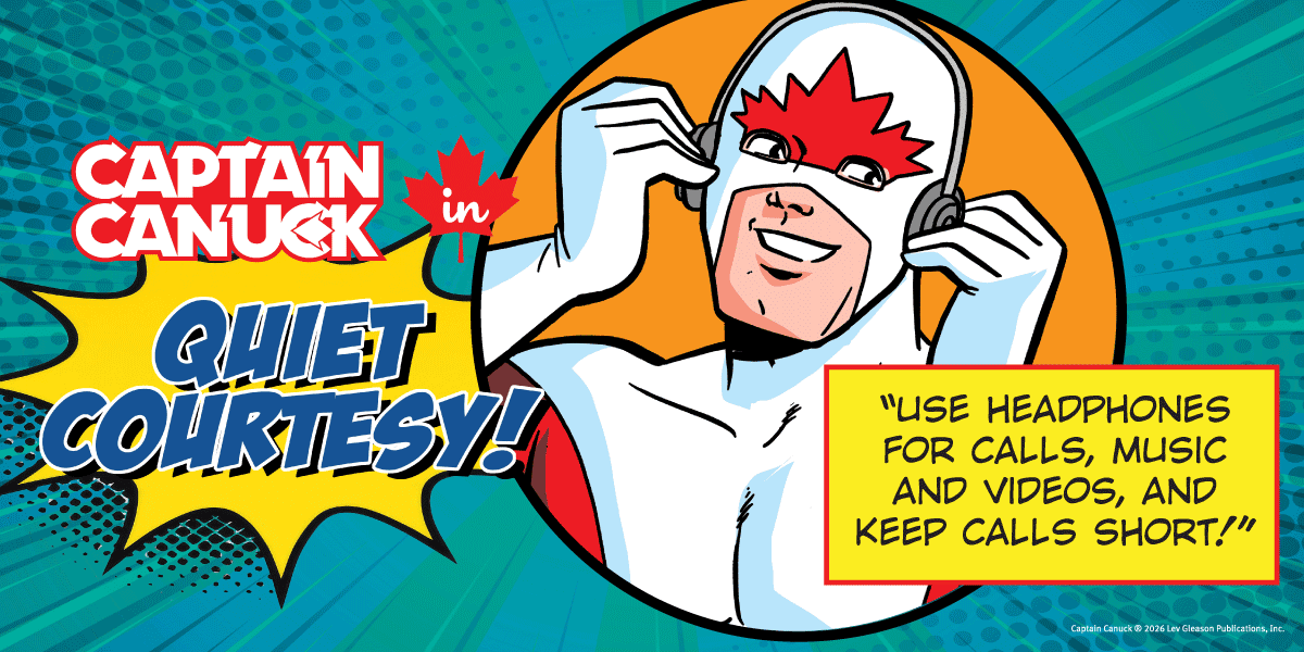 Captain Canuck illustration about using headphones while riding transit