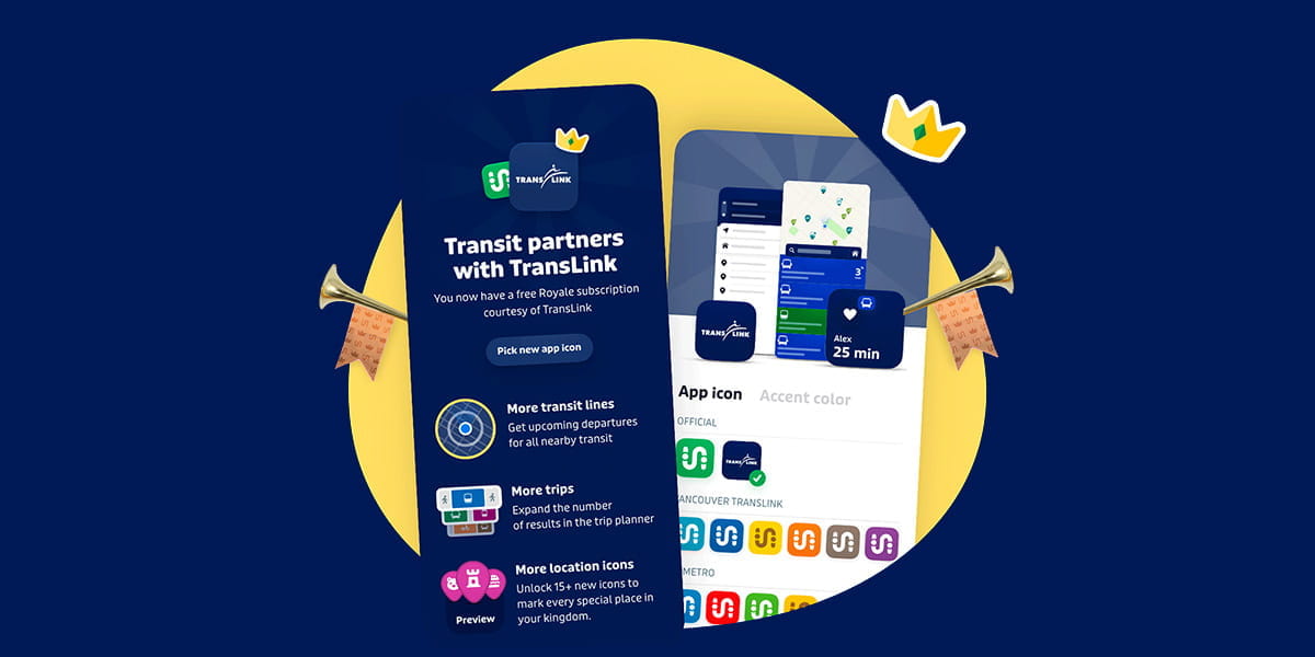 Screenshots showing Transit Royale features like TransLink colours and branding
