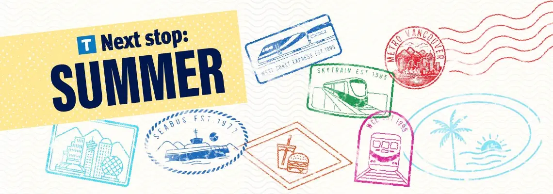 Illustration showing a map of Metro Vancouver covered in transit-themed passport stamps