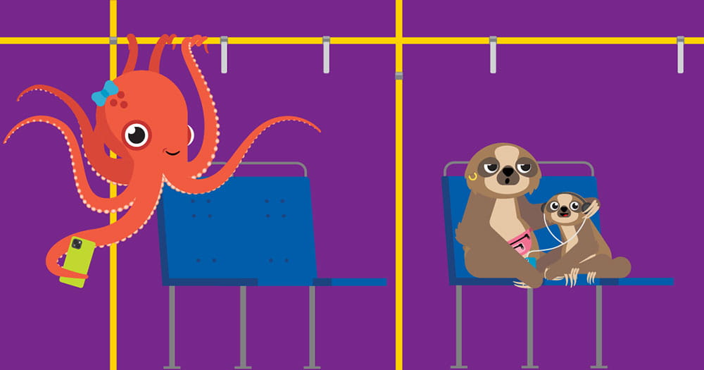 An octopus and sloths taking transit