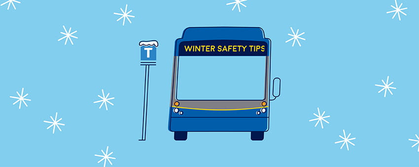 An illustration of a TransLink CMBC bus parked at a bus stop during snowfall, capturing a winter scene.