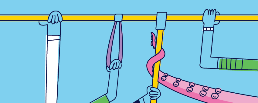 Various hands holding safety handles inside a moving transit vehicle