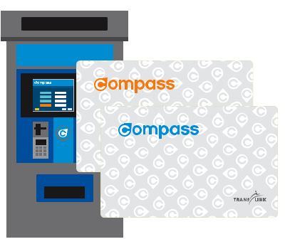 An illistration of single-use consession and adult ticket, with a Compass Vending Machine in the background.
