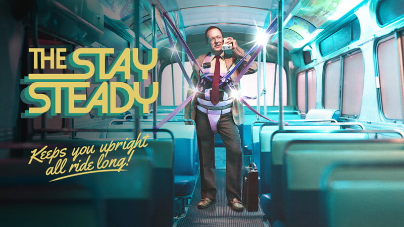 Illustration of a passenger standing on a bus with the title 'The Stay Steady'