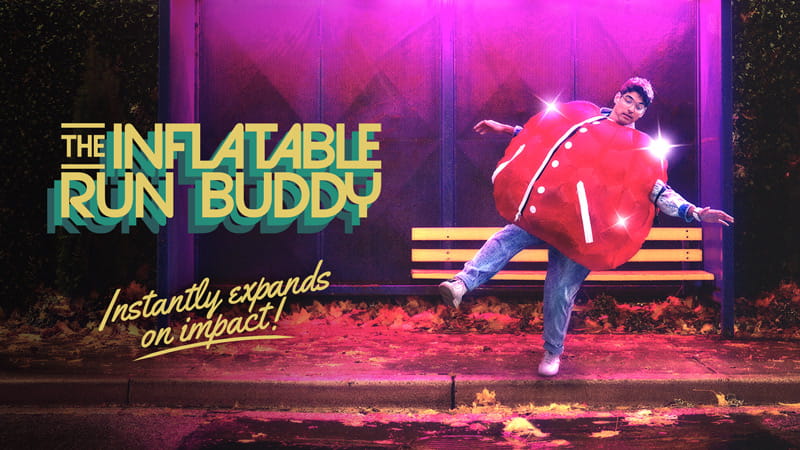 Illustration of a person falling over in front of a bus shelter with the title 'The Inflatable Run Buddy''