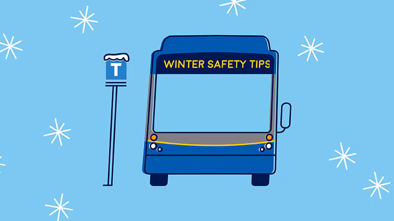 An illustration of a TransLink CMBC bus parked at a bus stop during snowfall, capturing a winter scene.