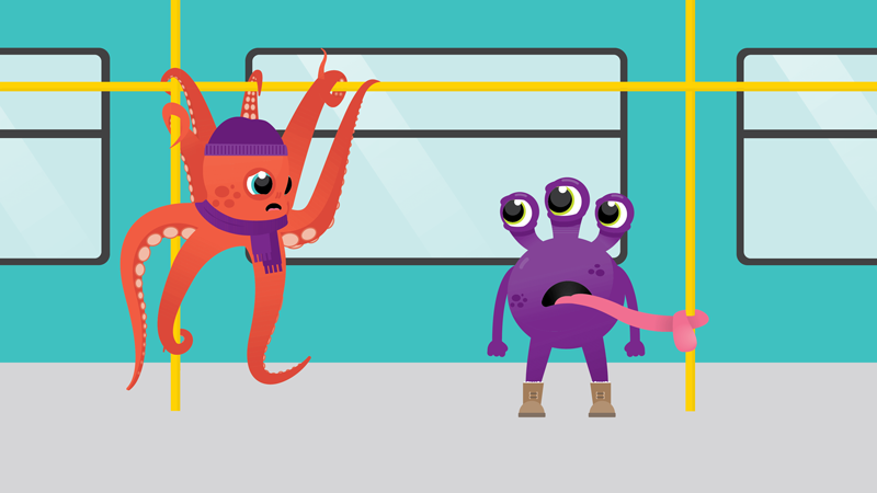 Cartoon octopus and alien holding onto transit hand rail illustration