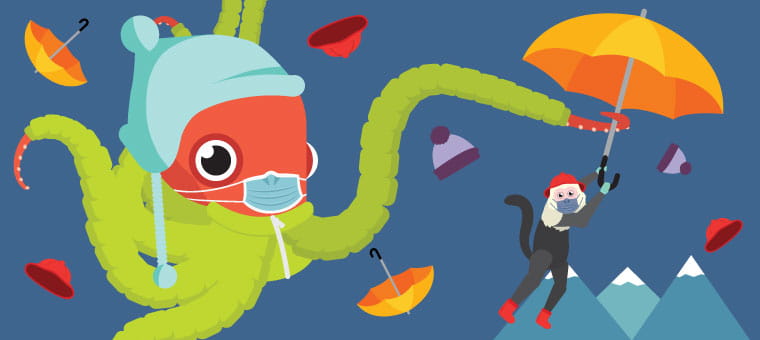 An octopus and monkey preparing for winter weather with umbrellas, toques, and a face mask
