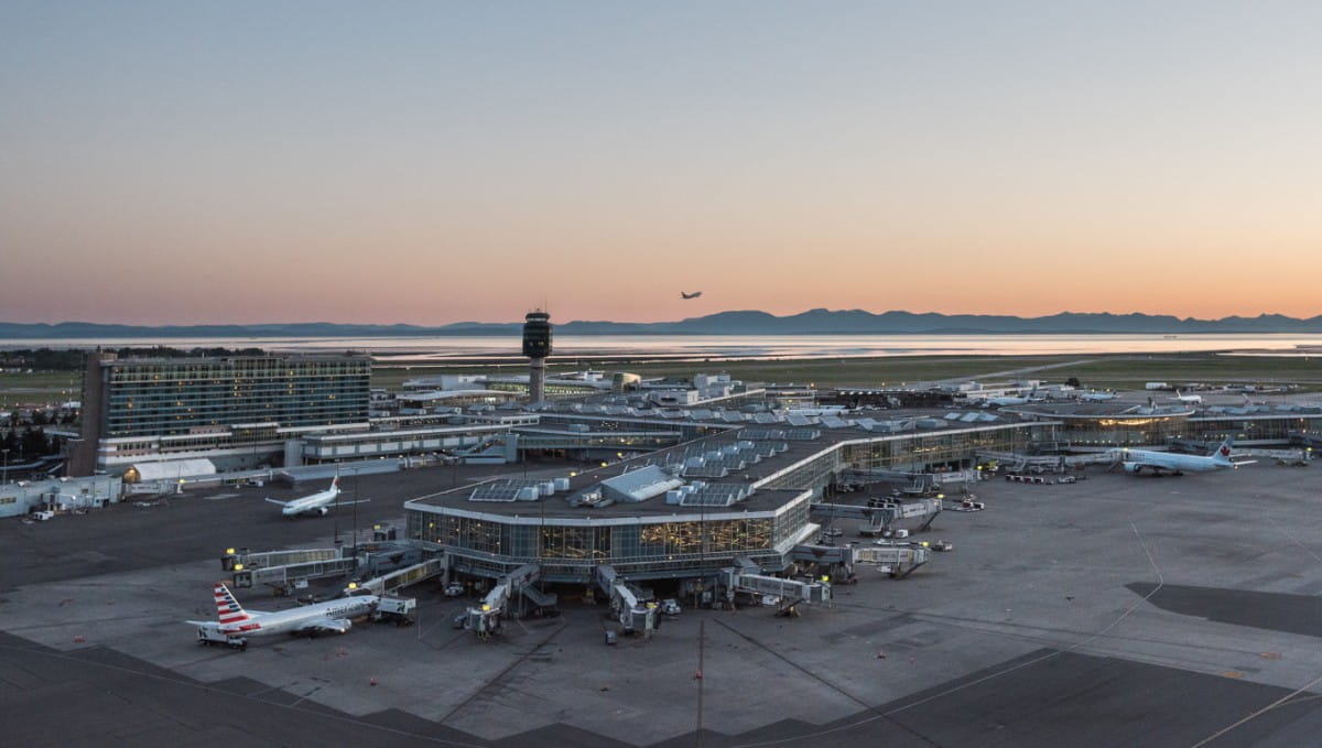 A long shot of Vancouver International Airport at sunrise