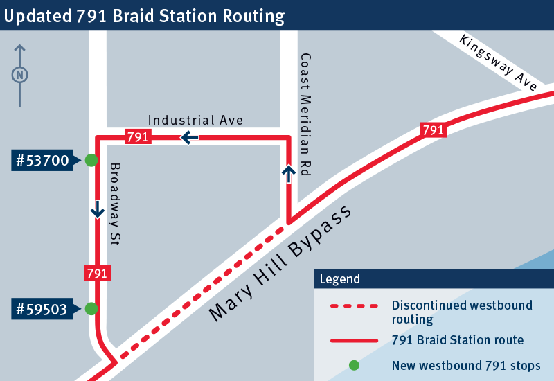 map of updated route of 791 Braid Station westbound