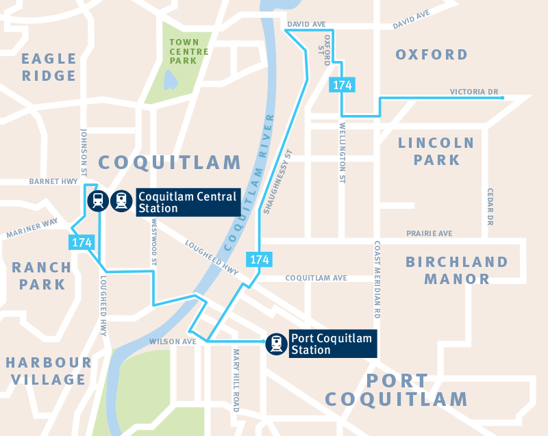 Route map of 174 Rocklin / Coquitlam Central