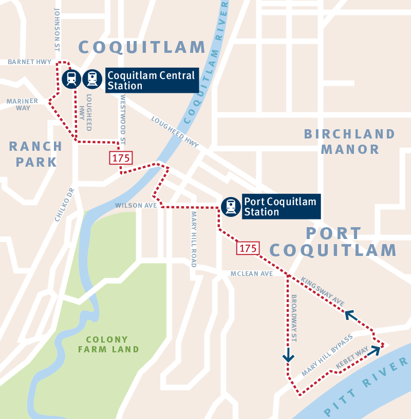 Route map of 175 Meridian / Coquitlam Central