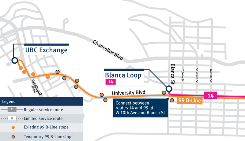 Spring Service Change map - route 14 at UBC