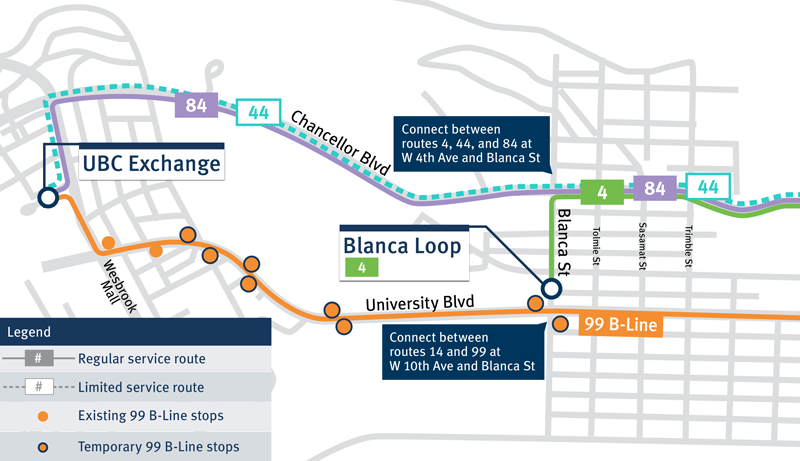 Spring Service Change map - route 4, 44, 84 at UBC