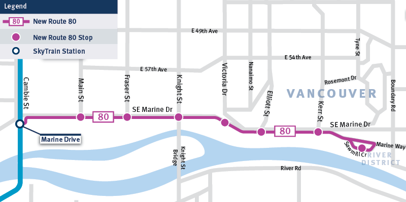A map of the 80 Marine Drive Express route.