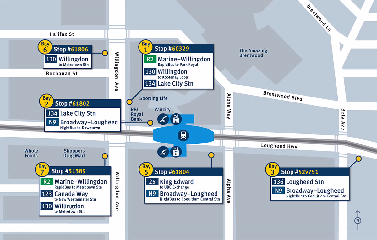 Map of Brentwood Town Centre Station showing bus bay assignments and connections. The R2 Marine-Willingdon RapidBus serves Bay 1 toward Park Royal and Bay 7 toward Metrotown Station. Other bays provide connections to routes serving Phibbs Exchange, Lake City Station, UBC Exchange, New Westminster Station, Lougheed Station, and NightBus services.