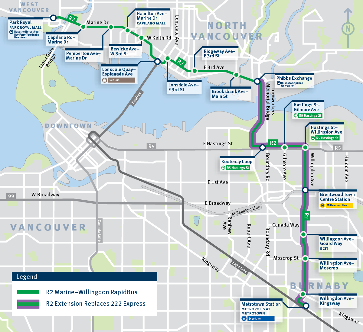 Map showing the R2 Marine-Willingdon RapidBus route and proposed R2 extension in Metro Vancouver. The existing R2 route (green) runs from Park Royal in West Vancouver through North Vancouver, Phibbs Exchange, Kootenay Loop, Brentwood Town Centre, BCIT, and Metrotown Station. A purple overlay highlights the extension that would replace the 222 Express service between Phibbs Exchange and Metrotown along Hastings Street and Willingdon Avenue.