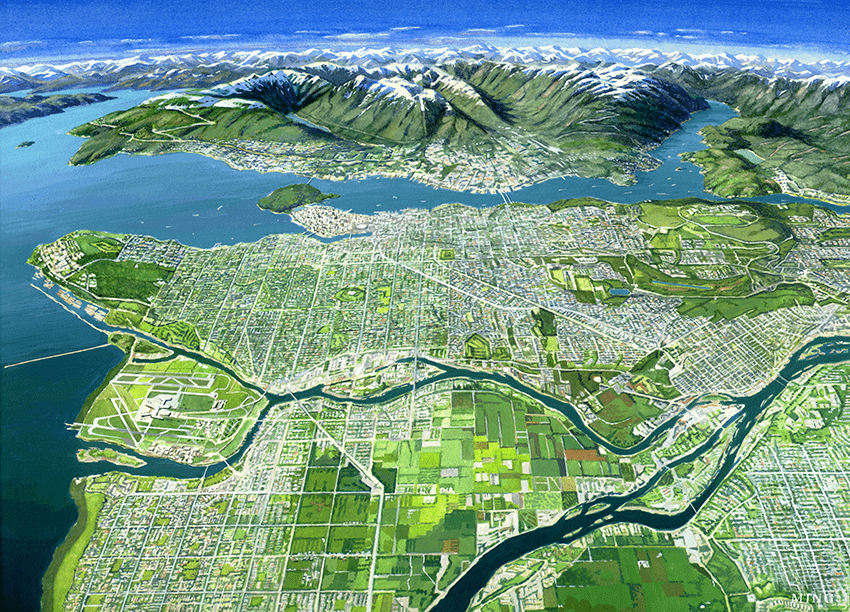 An artistic panorama shot of the Metro Vancouver region.