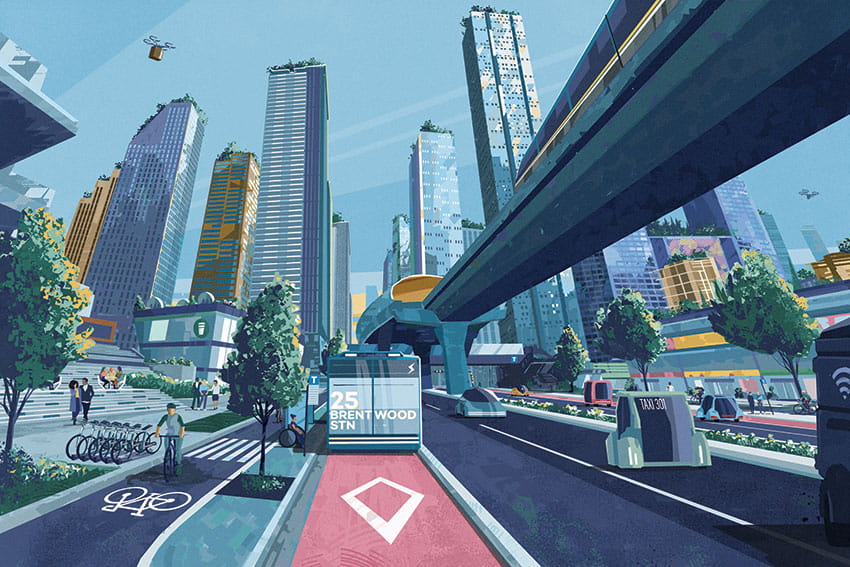 Traffic separated transit and walking, biking, and rolling make it safe and comfortable to travel. At the same time, shared autonomous vehicles provide convenient options for people to access the convenience of a car, without the burdens of ownership