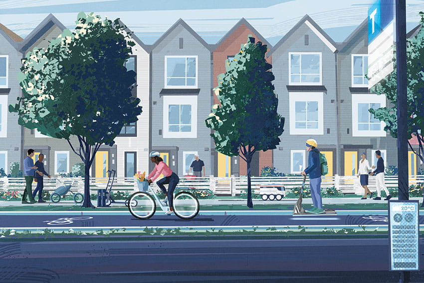 More residential neighbourhoods reap the rewards of near universal access to frequent local transit. Traffic protected active transportation infrastructure makes walking, biking, and rolling highly attractive, while shared ebikes and e-scooters open up new options for convenient local travel