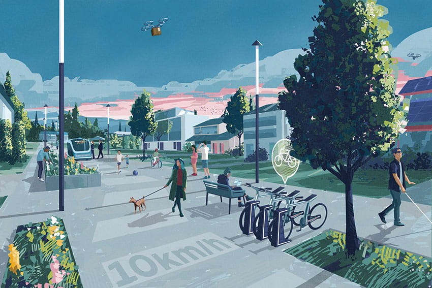 A transformed street puts people first, inviting social gatherings and play, facilitated by a shift away from private vehicle use and storage. Motor vehicles are still welcomed but as low speed guests into this people first space. eBike sharing systems and open up new options for local access to opportunity