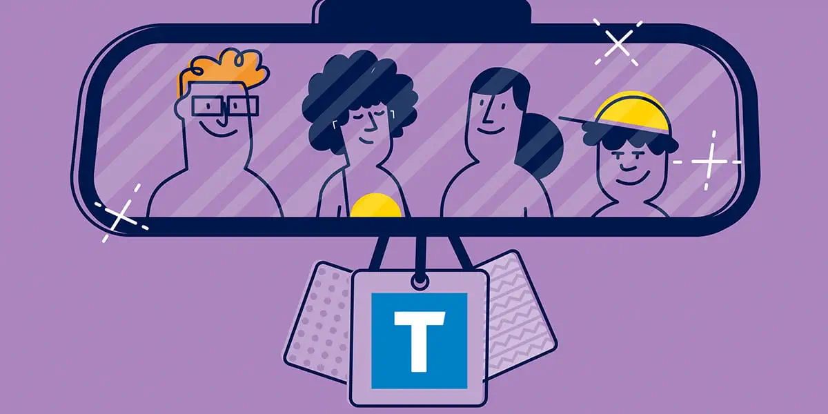 Illustration of four smiling people reflected in a car’s rearview mirror, representing a carpool. The background is purple, and three hanging ornaments are visible below the mirror.
