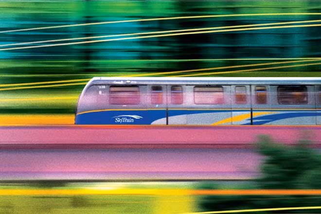 Stylized SkyTrain car moving along the tracks