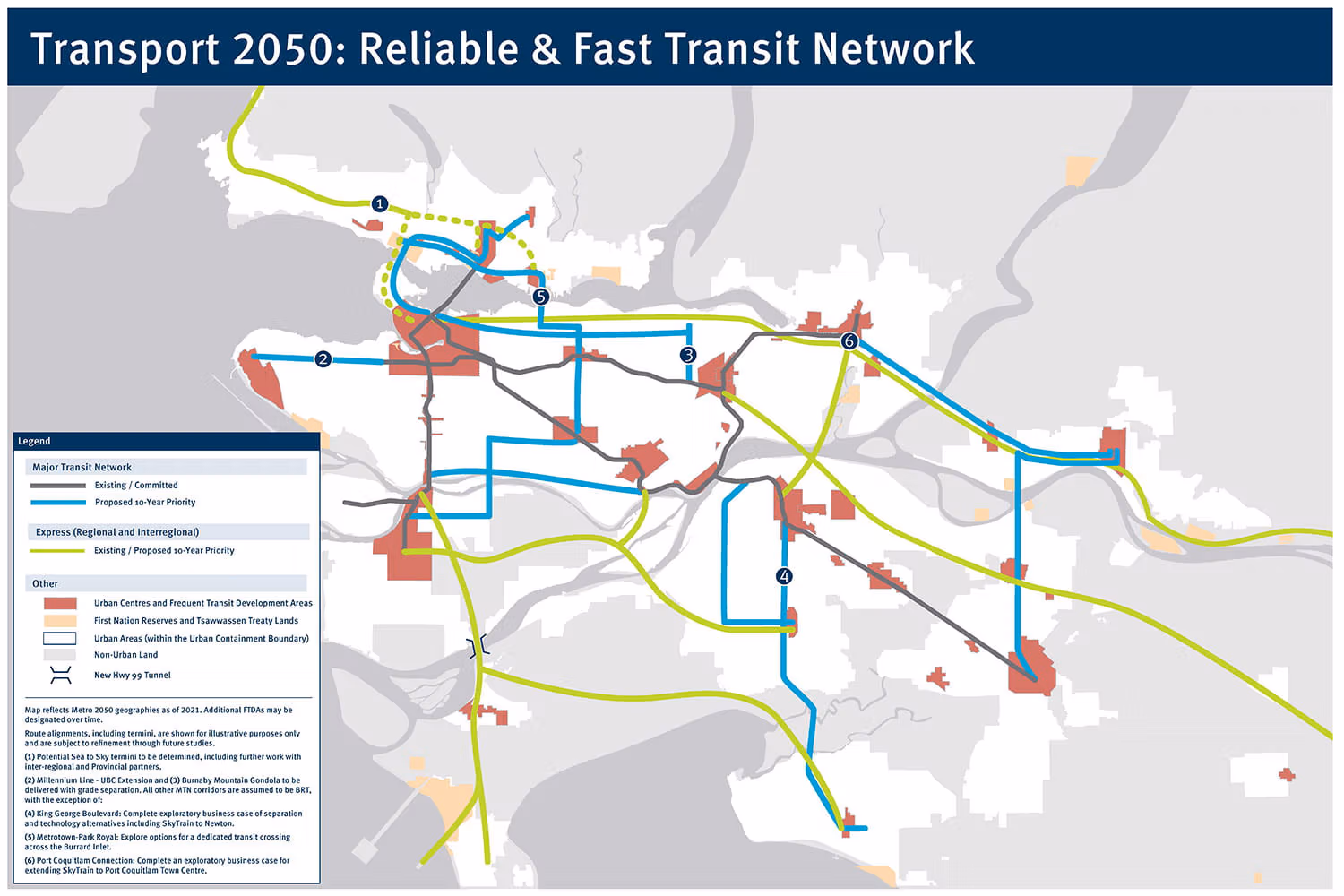 Map of the Transport 2050 Reliable and Fast Transit Network