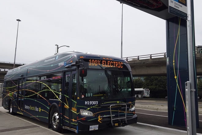 Battery-Electric Bus with charging station at Marpole Loop