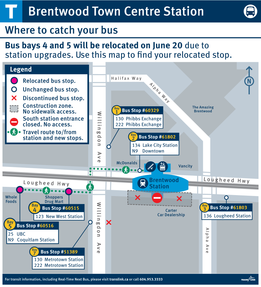 Wayfinding map of Brentwood Town Centre bus relocations during construction period