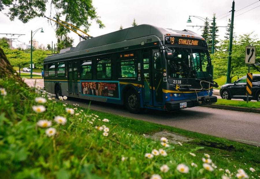Route 19 bus driving into Stanley Park with grass and flowers in foreground