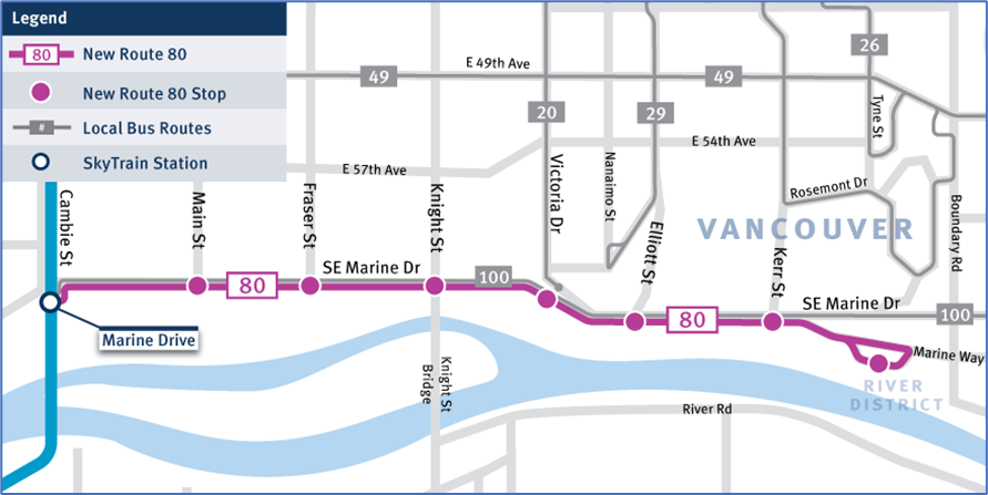 Map for the new Route 80 Marine Drive bus service