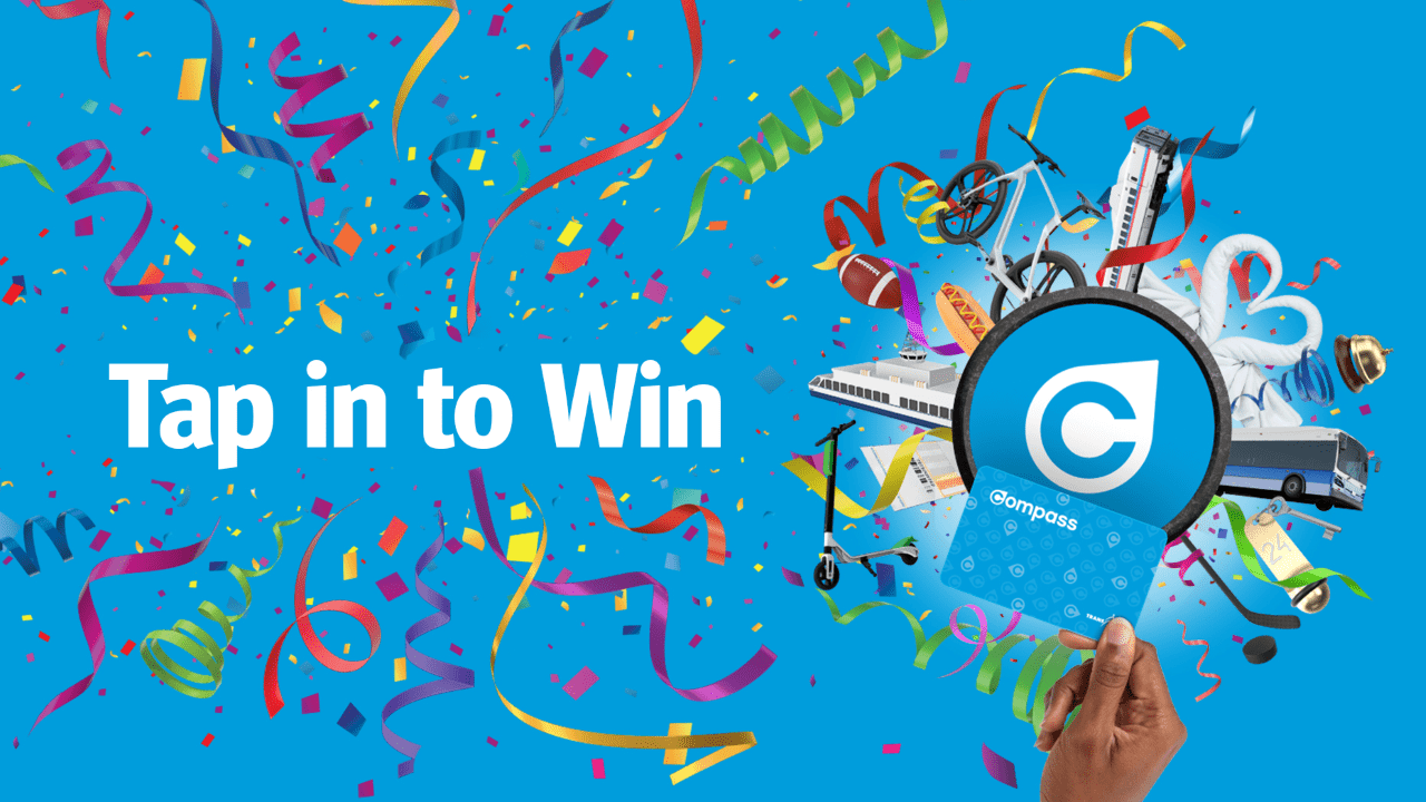 A graphic showing text that reads "Tap in to Win" with confetti to celebrate the contest. There is a prize wheel displaying some of the prizes you can win and someone holding a Compass Card.