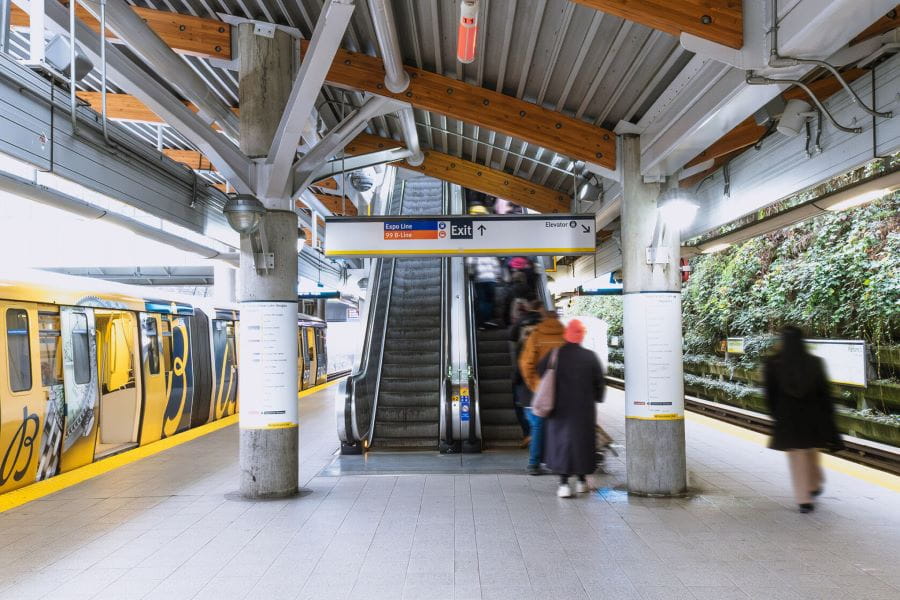 Escalators on Millennium Line platform at Commercial-Broadway SkyTrain Station