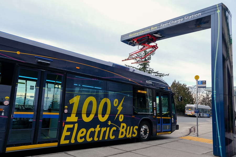 Battery-electric bus being charged at 22nd Street Station