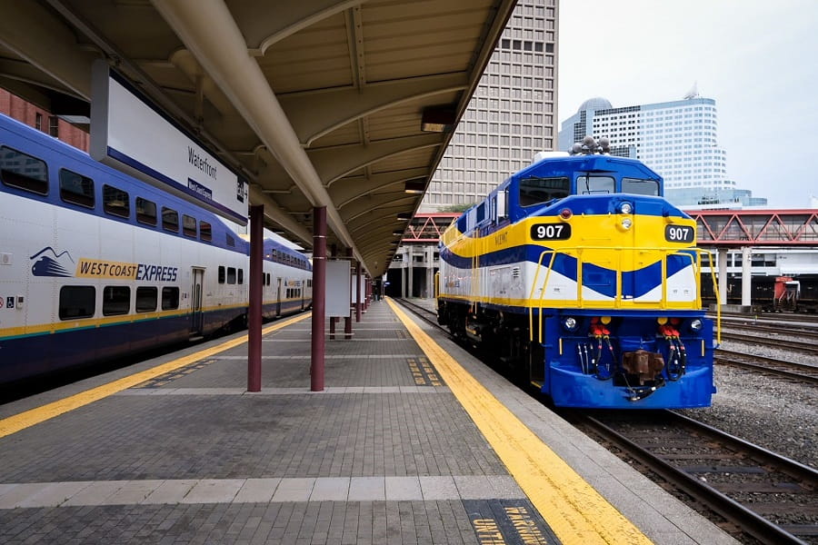 West Coast Express locomotive on tracks at Waterfront Station