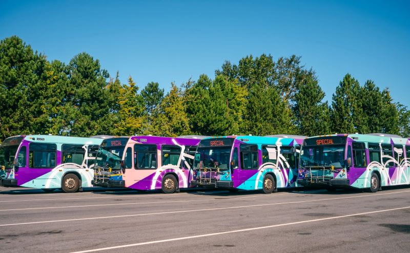 Four Bike Buses parked on depot lot with trees in background.