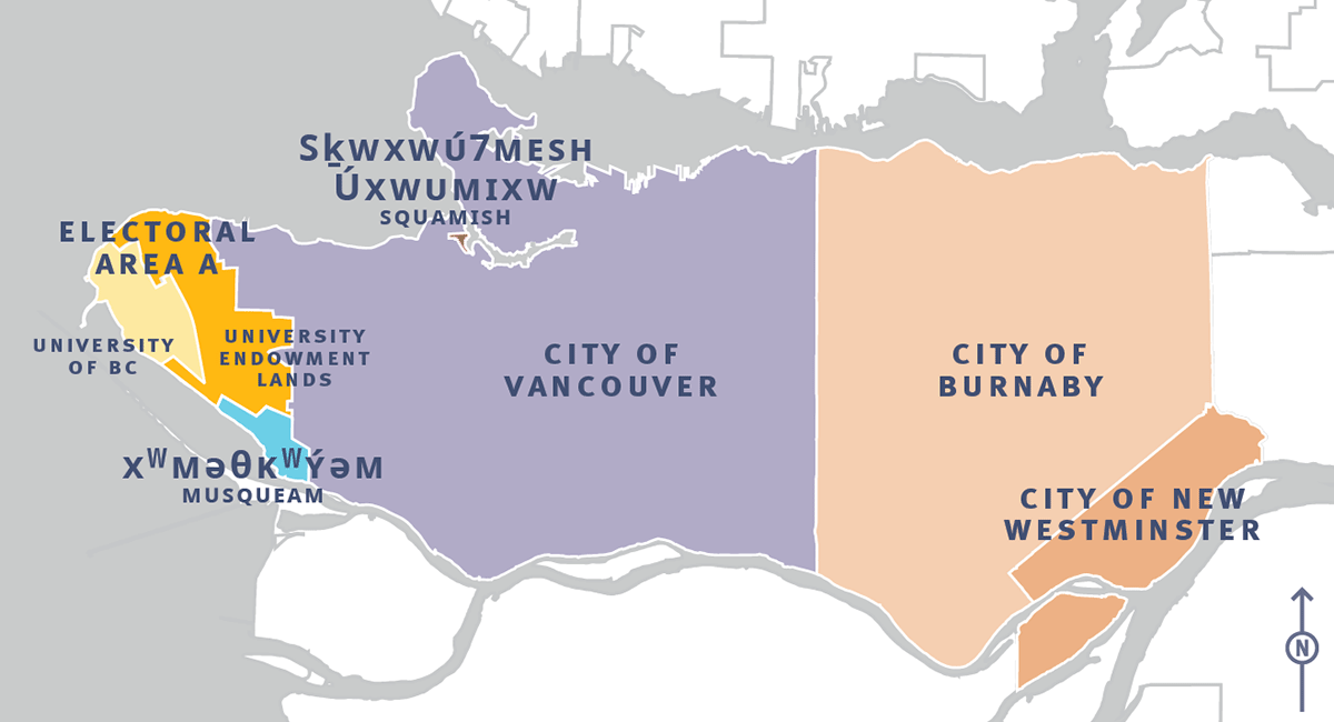 A map of the Burrard Peninsula, with labels highlighting each of the different regional districts that are divided into Burnaby, New Westminster, Vancouver, UBC and the University Endowment Lands 