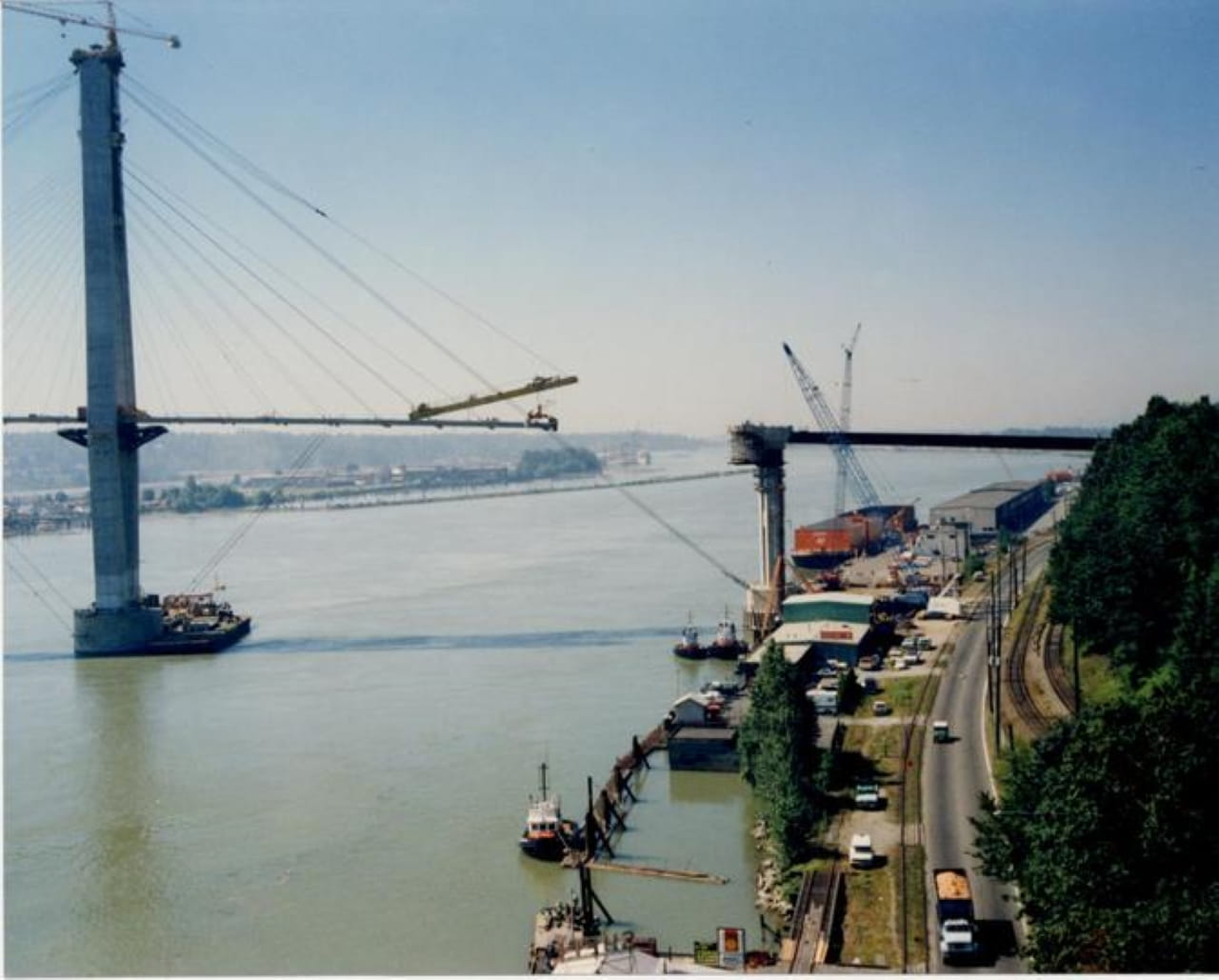 Construction of the SkyTrain SkyBridge nears completion in 1989