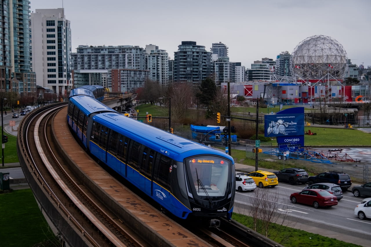 Mark V SkyTrain passes by Science World, 40 years after SkyTrain launched for Expo 86