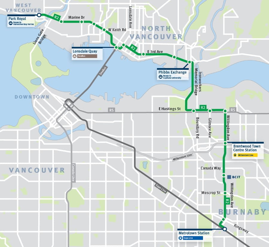 Route map of R2 RapidBus extension