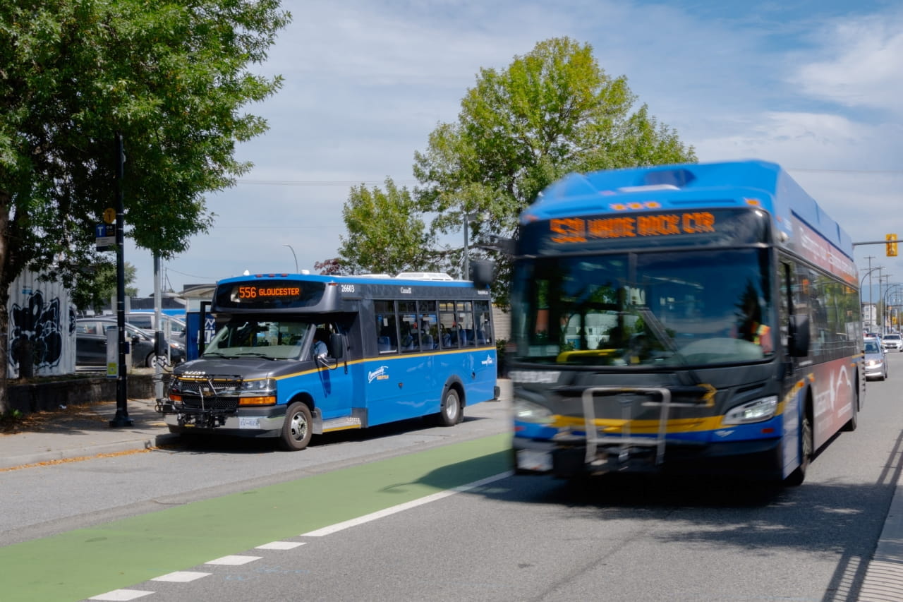 Conventional bus and community shuttle on road with trees and blue sky in background