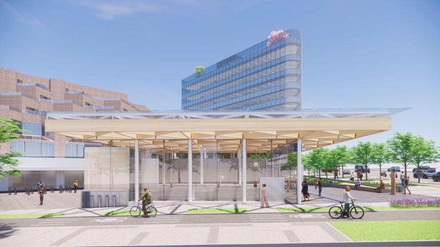Exterior rendering of completed Oakridge-41st Avenue Station upgrades