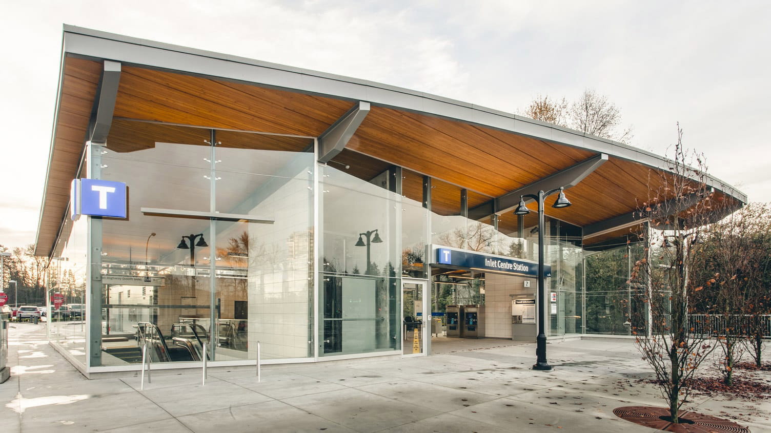 An outdoor shot of Inlet Centre Skytrain station